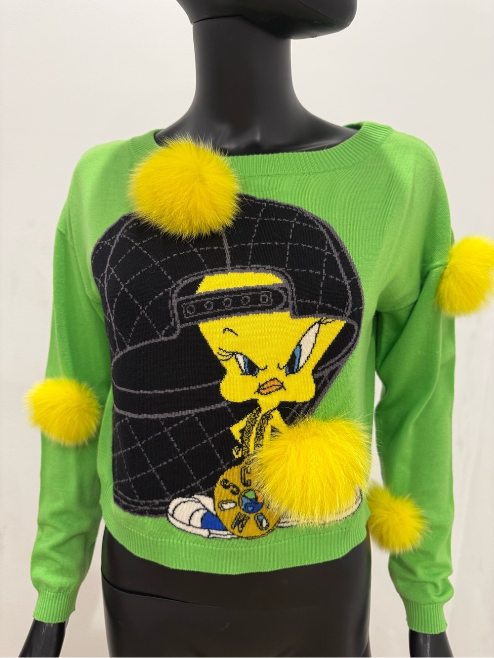 MOSCHINO COUTURE Looney Tunes Tweety Wool Fur Pom Pom Sweater IT 40 NEW